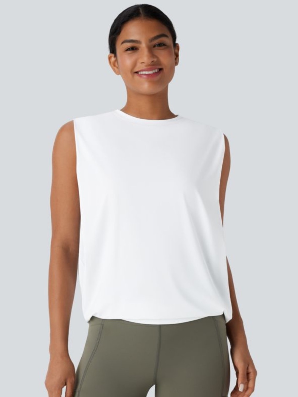 NWT Halara Round Neck Ruched Cool Touch Yoga Tank Top-UPF50+ Size L White